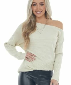 143 Story Cream Ribbed Knit Asymmetrical Boat Neck Top Tops