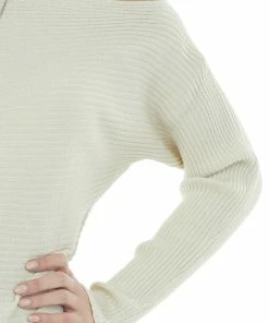 143 Story Cream Ribbed Knit Asymmetrical Boat Neck Top Tops