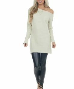 143 Story Cream Ribbed Knit Asymmetrical Boat Neck Top Tops