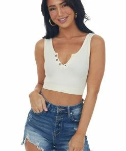 By Together Tops Cream Ribbed Knit Notch Neck Cropped Tank Top