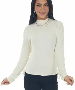 She + Sky Cream Ruched Brushed Ribbed Knit Fitted Top