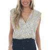 She + Sky Cream Sequined Surplice Shoulder Pad Bodysuit 2 She + Sky Cream Sequined Surplice Shoulder Pad Bodysuit