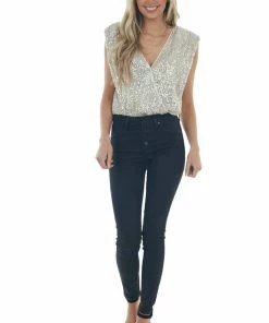 She + Sky Cream Sequined Surplice Shoulder Pad Bodysuit