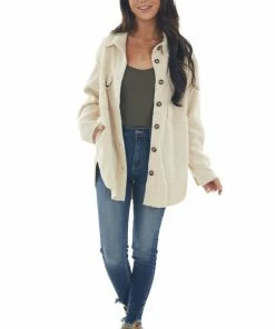 Kori America Cream Shearling Texture Button Up Shirt Jacket Tops