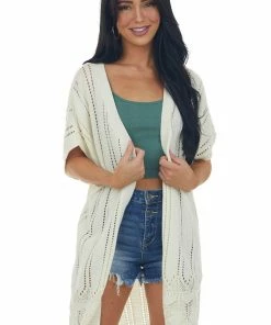 143 Story Cream Short Sleeve Pointelle Cutout Cardigan Tops