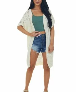 143 Story Cream Short Sleeve Pointelle Cutout Cardigan Tops