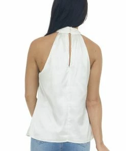 Do + Be Tops Cream Silky Wrapped Halter Neck Blouse