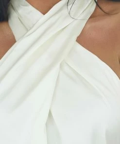 Do + Be Tops Cream Silky Wrapped Halter Neck Blouse