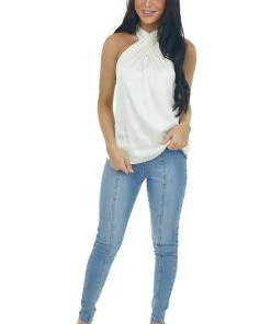 Do + Be Tops Cream Silky Wrapped Halter Neck Blouse