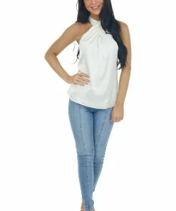 Do + Be Tops Cream Silky Wrapped Halter Neck Blouse