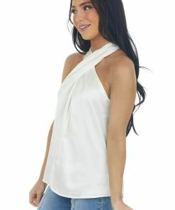 Do + Be Tops Cream Silky Wrapped Halter Neck Blouse