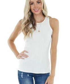 Entro Cream Sleeveless Ribbed Knit Top With Round Neckline