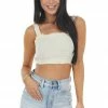 LE LIS Tops Cream Sleeveless Smocked Crop Top With Gold Thread Details