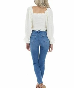 She + Sky Cream Smocked Crop Top With Long Sheer Bubble Sleeves Tops