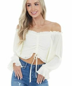 She + Sky Cream Smocked Crop Top With Long Sheer Bubble Sleeves Tops