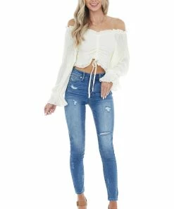 She + Sky Cream Smocked Crop Top With Long Sheer Bubble Sleeves Tops