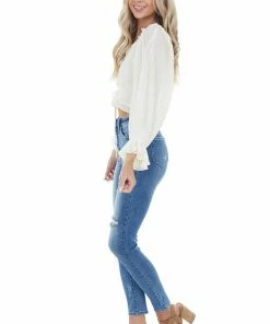 She + Sky Cream Smocked Crop Top With Long Sheer Bubble Sleeves Tops