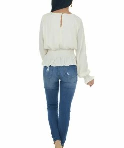 She + Sky Cream Smocked Waist Bubble Sleeve Peplum Top