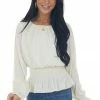 She + Sky Cream Smocked Waist Bubble Sleeve Peplum Top