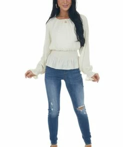She + Sky Cream Smocked Waist Bubble Sleeve Peplum Top