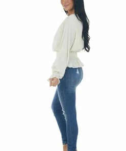 She + Sky Cream Smocked Waist Bubble Sleeve Peplum Top