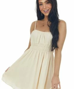 HYFVE Cream Sleeveless Ruched Waist Mini Dress Dresses