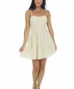 HYFVE Cream Sleeveless Ruched Waist Mini Dress Dresses 11 HYFVE Cream Sleeveless Ruched Waist Mini Dress Dresses
