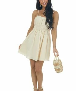 HYFVE Cream Sleeveless Ruched Waist Mini Dress Dresses