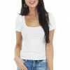 She + Sky Tops Cream Square Neck Ribbed Knit Top With Short Puff Sleeves