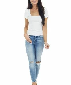 She + Sky Tops Cream Square Neck Ribbed Knit Top With Short Puff Sleeves