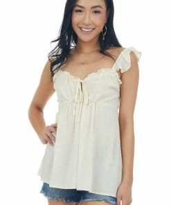 Umgee Cream Sweetheart Neckline Woven Tank Top Tops