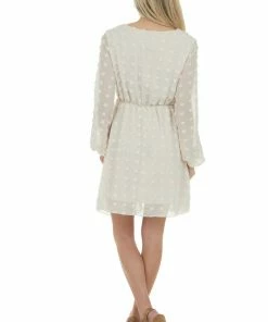 Miss Sparkling Cream Swiss Dot Blouson Sheer Sleeve Dress Dresses