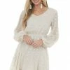 Miss Sparkling Cream Swiss Dot Blouson Sheer Sleeve Dress Dresses