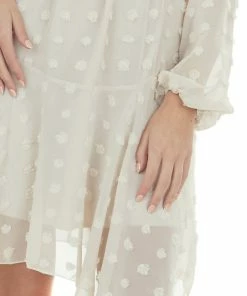Miss Sparkling Cream Swiss Dot Blouson Sheer Sleeve Dress Dresses