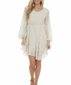 Miss Sparkling Cream Swiss Dot Blouson Sheer Sleeve Dress Dresses
