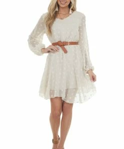 Miss Sparkling Cream Swiss Dot Blouson Sheer Sleeve Dress Dresses