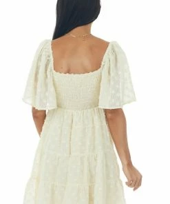 Flying Tomato Cream Swiss Dot Short Sleeve Babydoll Dress