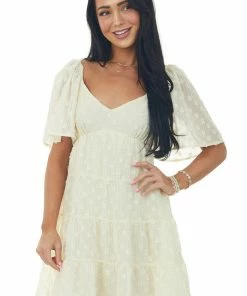 Flying Tomato Cream Swiss Dot Short Sleeve Babydoll Dress