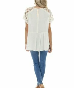 143 Story Cream Swiss Dot Woven Top With Lace Short Sleeves Tops