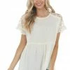 143 Story Cream Swiss Dot Woven Top With Lace Short Sleeves Tops