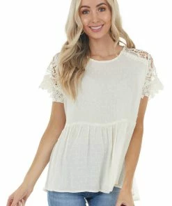 143 Story Cream Swiss Dot Woven Top With Lace Short Sleeves Tops