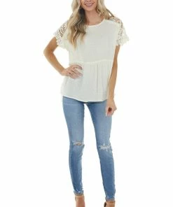 143 Story Cream Swiss Dot Woven Top With Lace Short Sleeves Tops