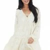 Peach Love Cream Textured Print Tiered Babydoll Dress With Long Sleeves Dresses