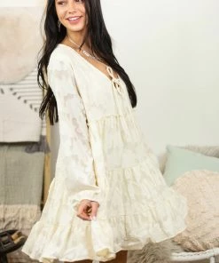 Peach Love Cream Textured Print Tiered Babydoll Dress With Long Sleeves Dresses