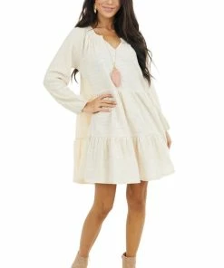 Umgee Cream Tiered Mini Dress With Crochet Sleeves And V Neckline
