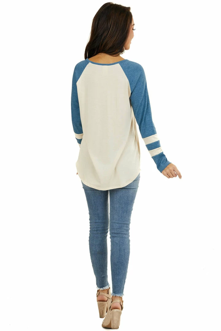7th Ray Tops Cream Top With Ocean Waffle Knit Contrast Sleeves 9 7th Ray Tops Cream Top With Ocean Waffle Knit Contrast Sleeves
