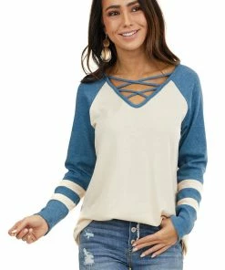 7th Ray Tops Cream Top With Ocean Waffle Knit Contrast Sleeves