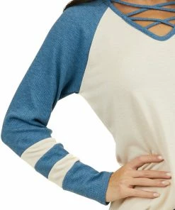 7th Ray Tops Cream Top With Ocean Waffle Knit Contrast Sleeves 25 7th Ray Tops Cream Top With Ocean Waffle Knit Contrast Sleeves