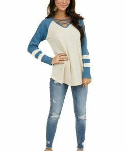 7th Ray Tops Cream Top With Ocean Waffle Knit Contrast Sleeves 22 7th Ray Tops Cream Top With Ocean Waffle Knit Contrast Sleeves