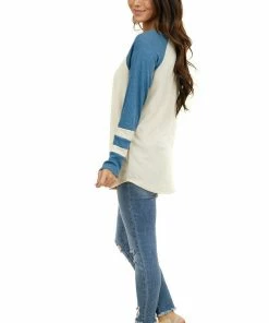 7th Ray Tops Cream Top With Ocean Waffle Knit Contrast Sleeves 23 7th Ray Tops Cream Top With Ocean Waffle Knit Contrast Sleeves